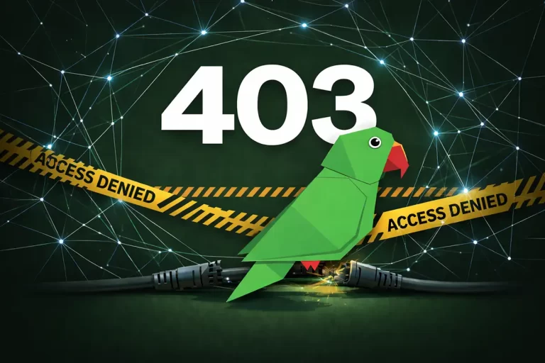 403 hozzáférés megtagadva hibaoldal zöld papagáj logóval és megszakadt hálózati kábellel