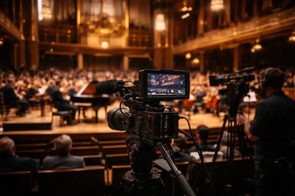 Concert videographer in Budapest filming a live classical performance with a multi-camera setup